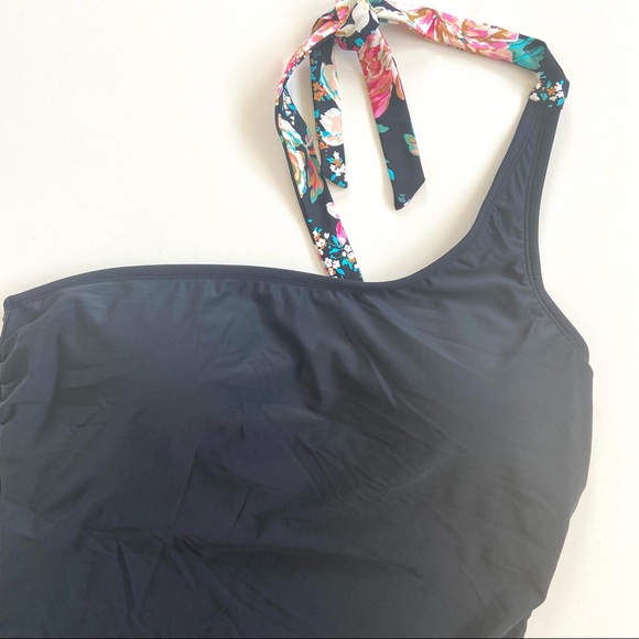 Kona Sol Black One-Shoulder Tie Floral One-Piece Swimsuit - Picture 3 of 10